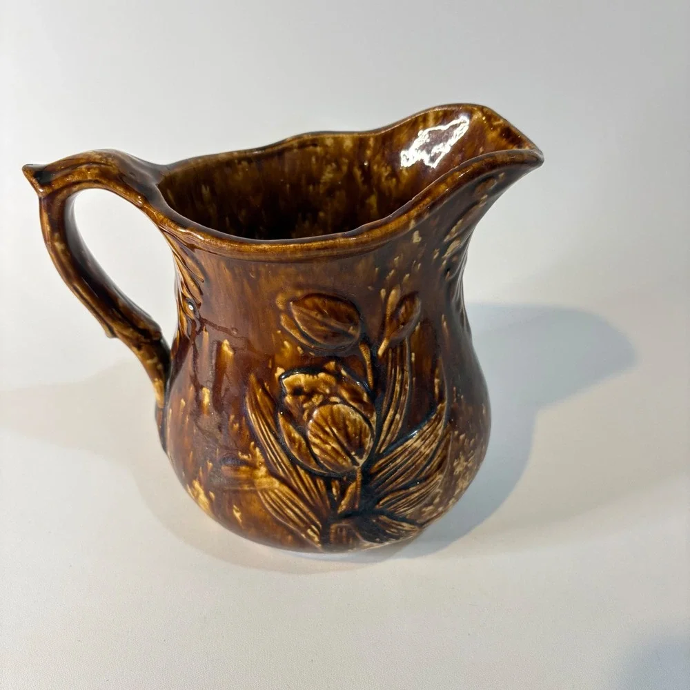 19th Century Bennington Rockingham Pottery Tulip 6in Jug Brown Glaze Pitcher